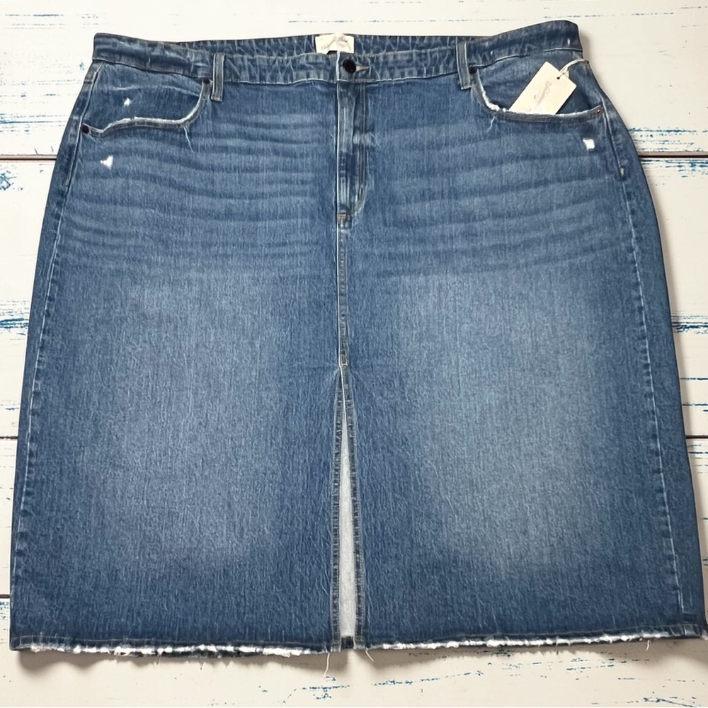 Y2K Inspired Denim Skirt Midi 28 Distressed Hem Stretch Cottagecore Modest - Picture 2 of 12